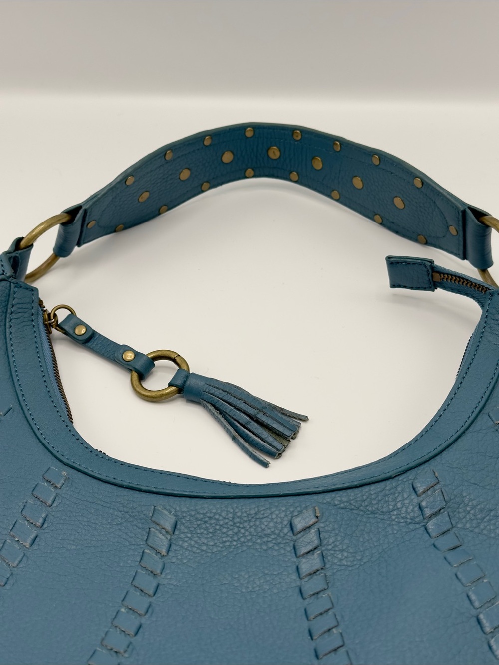 Fossil Blue Leather Shoulder Bag Purse Boho Metal Accents SHB1529 - Picture 9 of 12